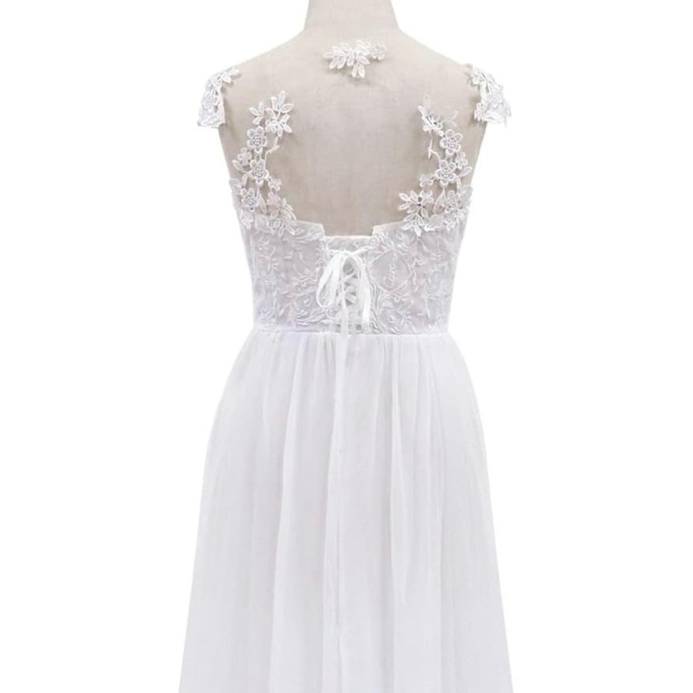 Womens Size M (6/8) Chiffon Lace V-Neck Split Hem White Bridal Wedding Dress
